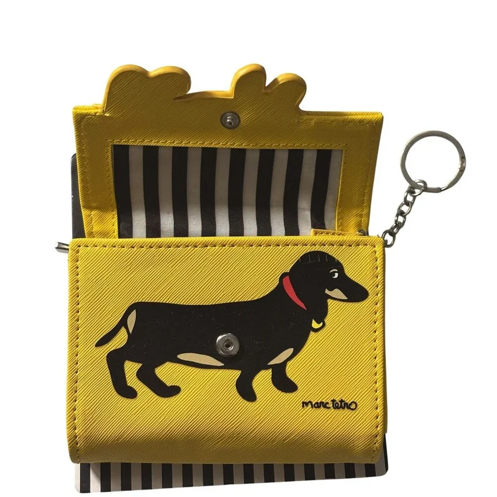 Marc Tetro Small Keychain Wallet Yellow Dachshund Design With Striped Interior - Picture 2 of 7
